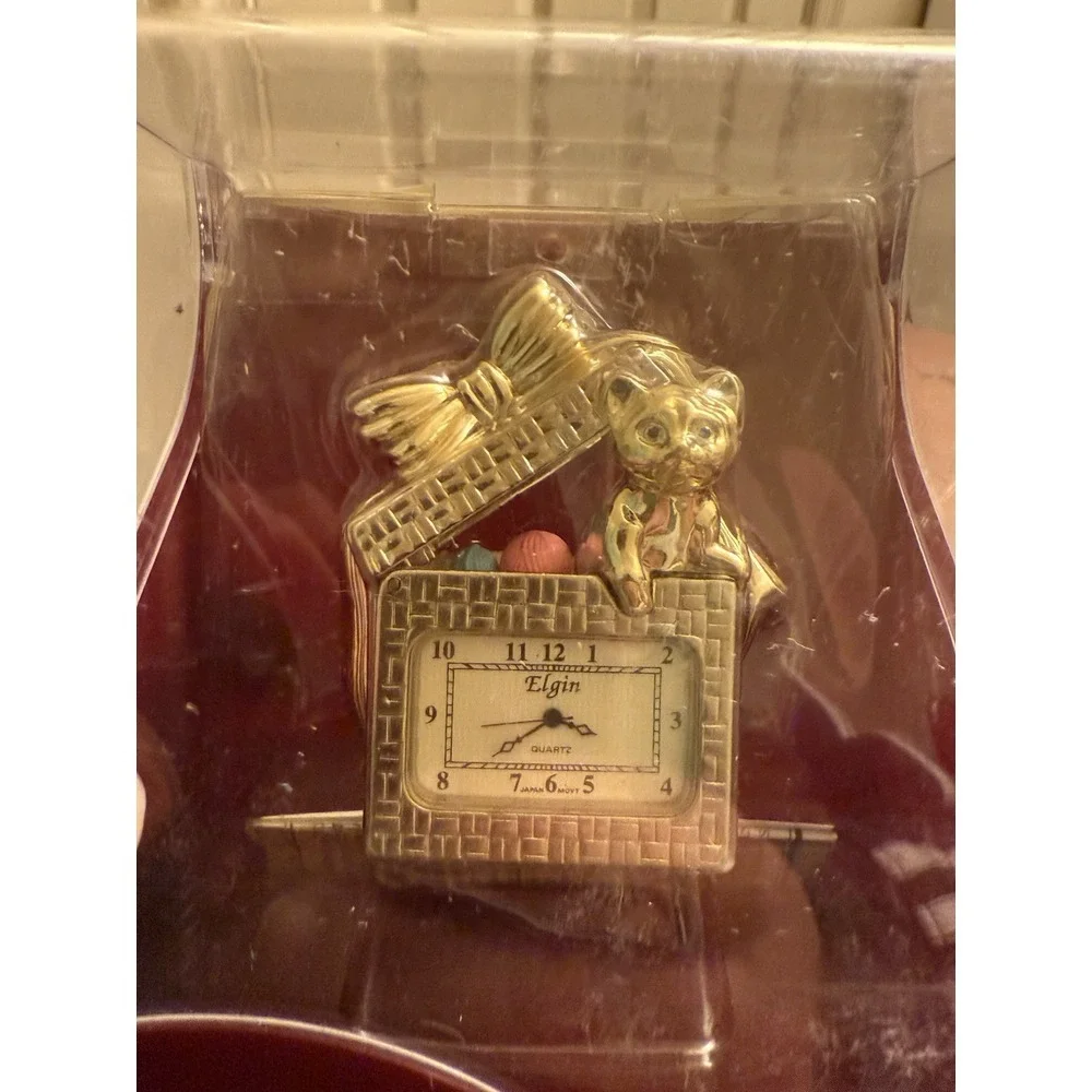 Elgin Gold Kitty Cat In Present Gift Box‎ With Bow Mini Clock In Case